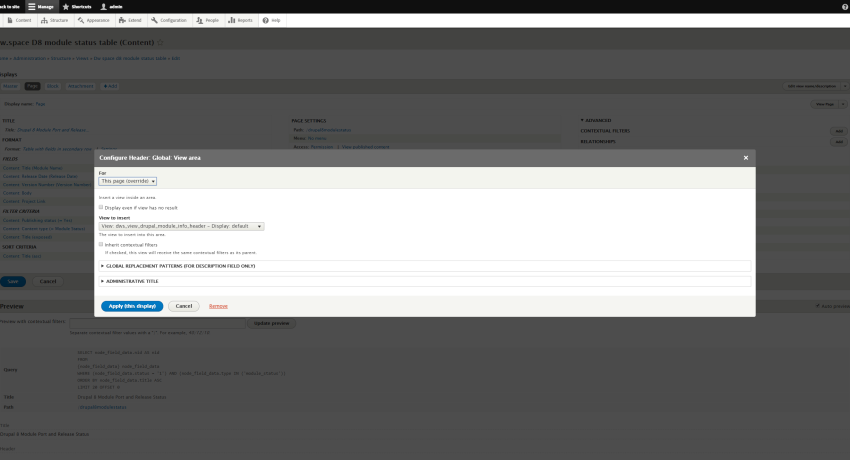view with subsidiary view as header config dialog
