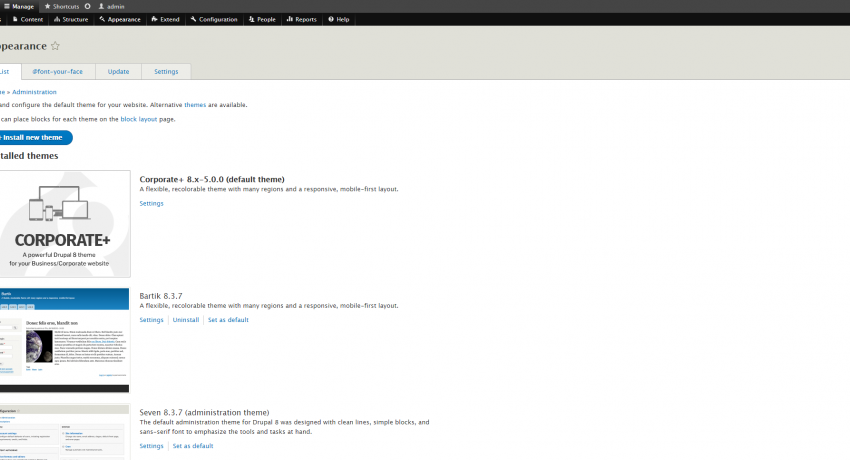 Drupal 8 Admin Pages Appearance (Themes) Configuration Page