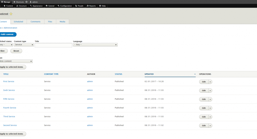 Drupal 8 Admin Pages Content Listing Page