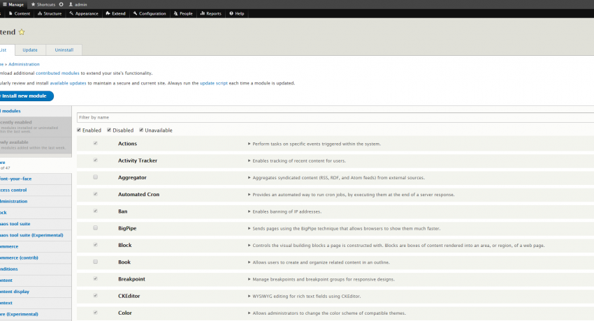 Drupal 8 Admin Pages Module List Page
