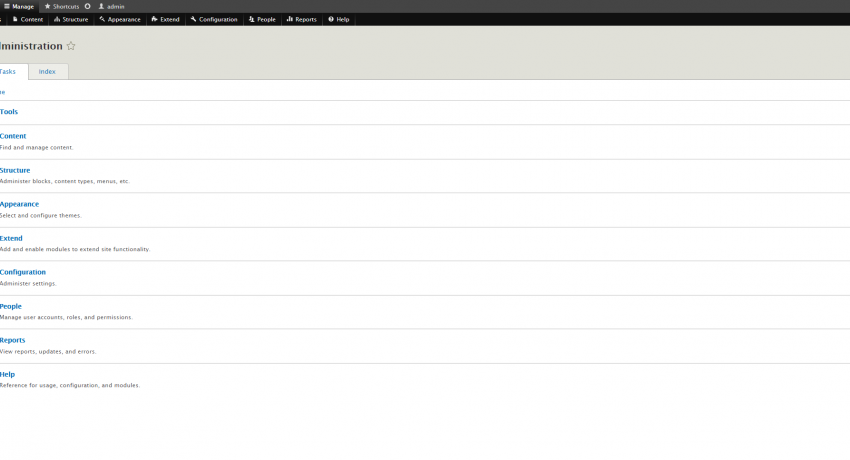 Drupal 8 Admin Pages Index Page