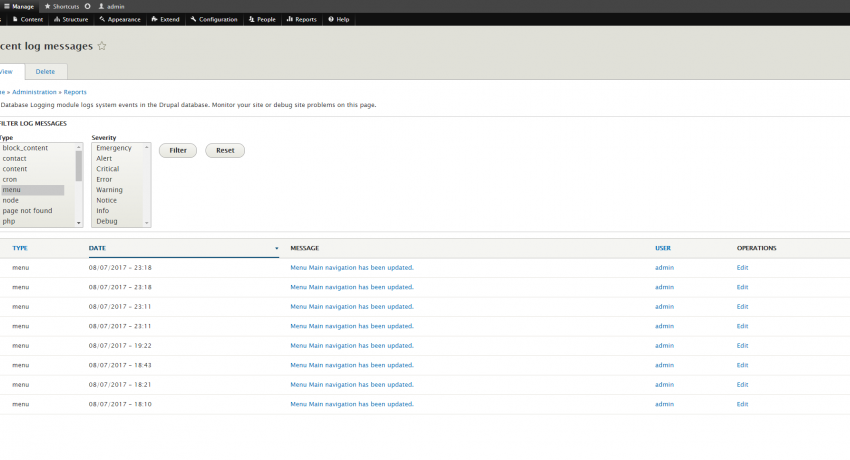 Drupal 8 Admin Pages Drupal Log Messages Page