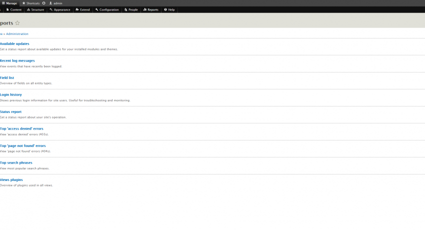 Drupal 8 Admin Pages Reports List Page