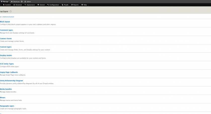 Drupal 8 Admin Pages Structure Components Page