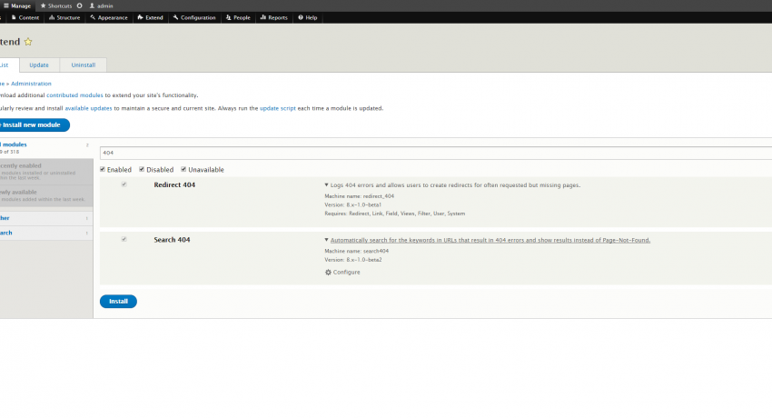 Search 404 Module in the Admin Extend Page