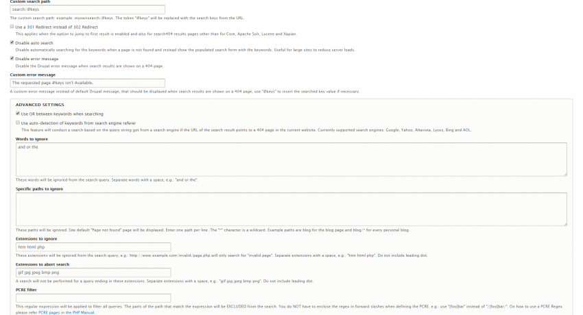 Search 404 Module Admin Settings Page