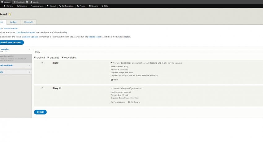 Blazy Module Set on the Extend Module Enable Page Blazy Module Set on the Extend Module Enable Page