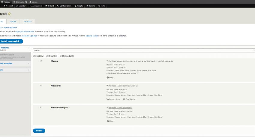 Mason Module Set on the Extend Module Enable Page