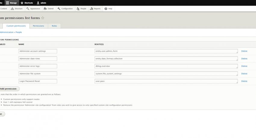 Custom Permissions Module Settings Page
