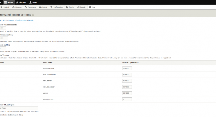 Drupal Automated Logout Configuration Page (top)